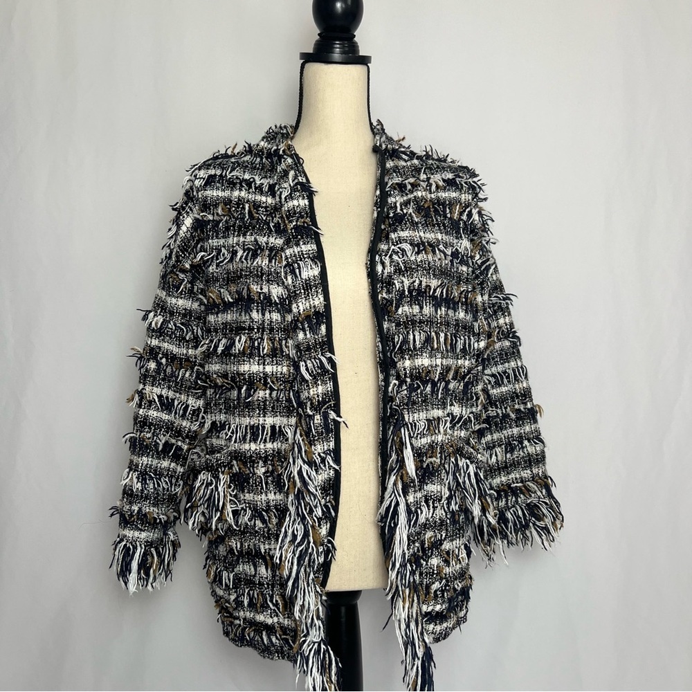 Zara Black & White Brown Fringed Frayed Outwear Women's Jacket Size US XS (B3)